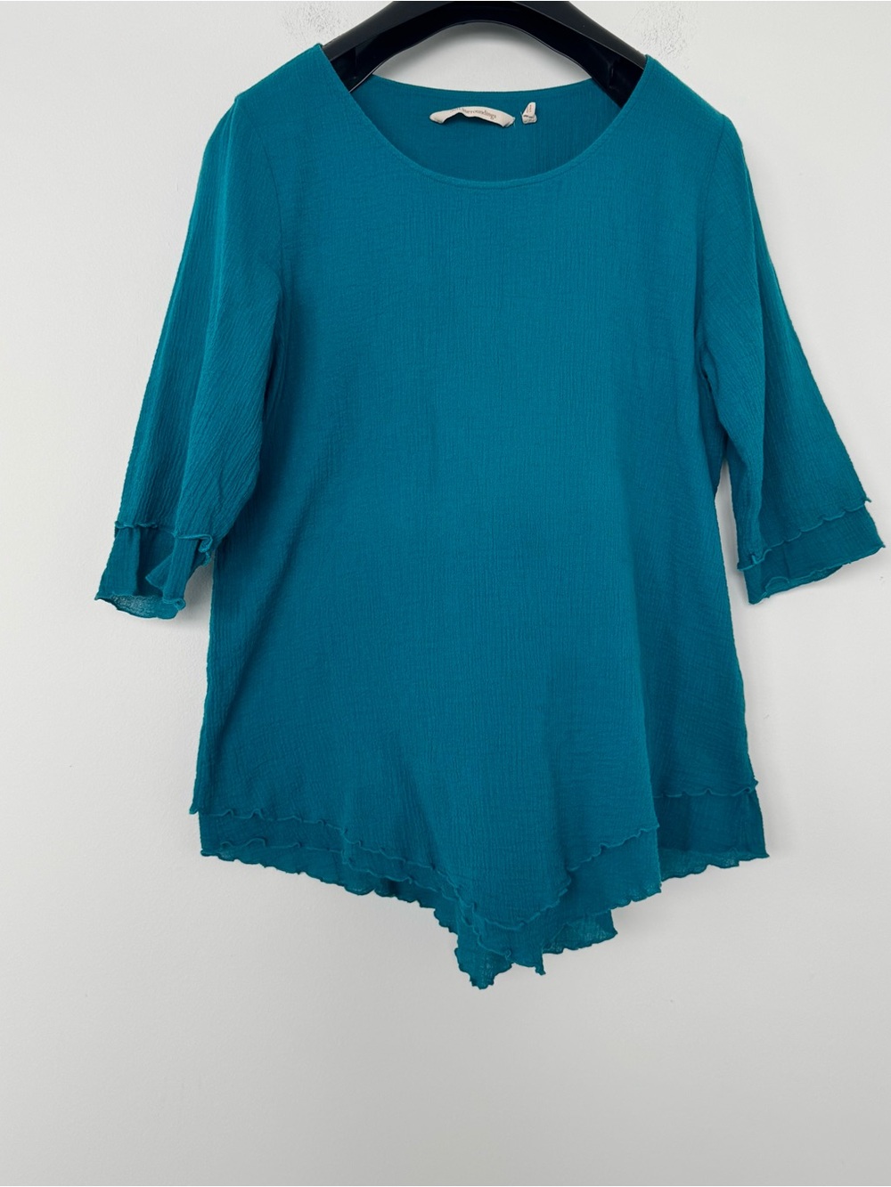 Soft Surroundings Top XS Teal Crinkle Chiffon Layered Asymmetric Ruffle Cotton